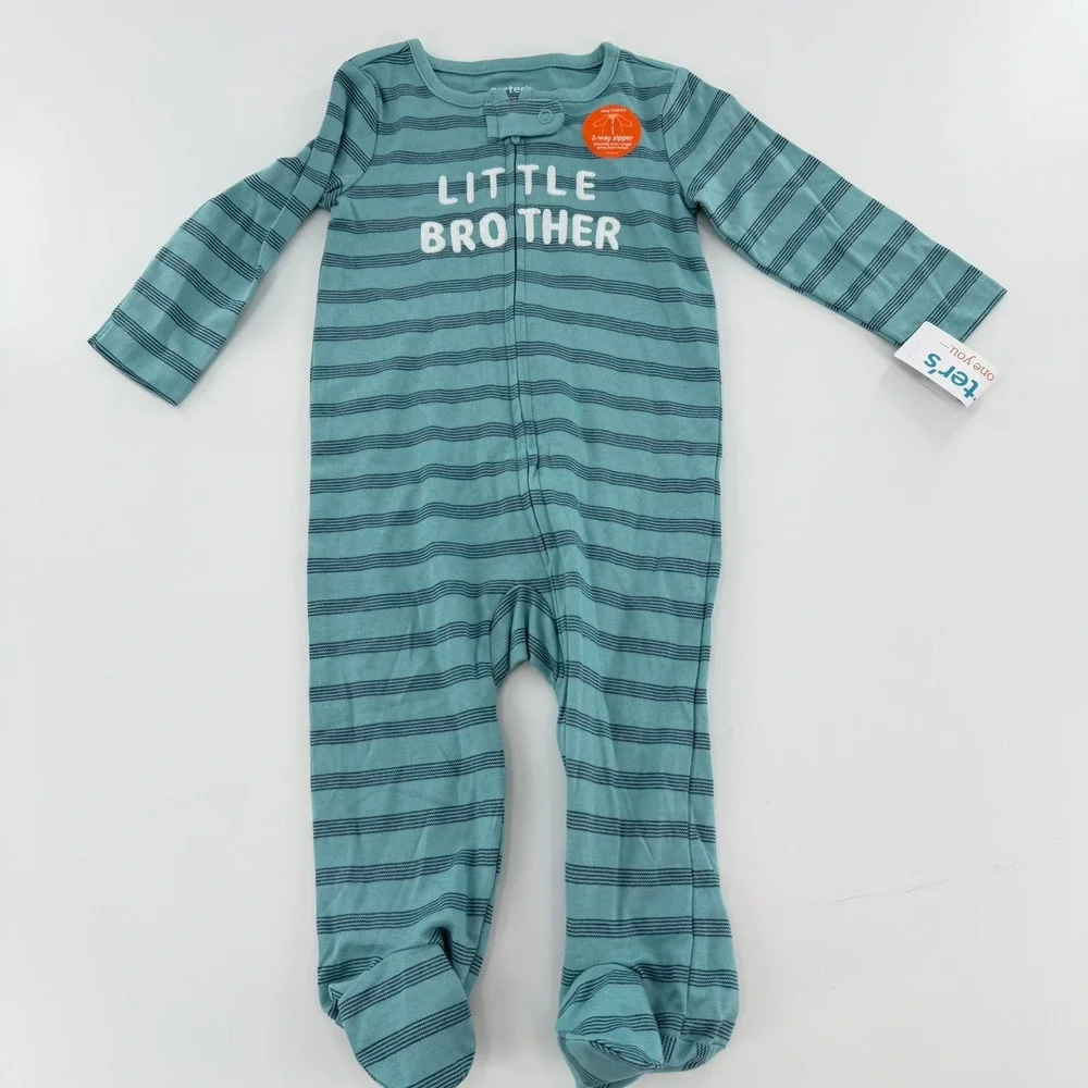 Carter's Sleeper Footed Pajamas Little‎ Brother Baby 9M Teal Blue Striped Zipper